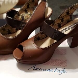Vintage 90s American Eagle Sling Back Brown Chunky Heels Size 9
